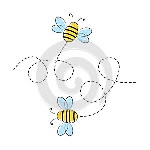 Bee flying characters set. Cute bees with dotted route. Vector cartoon insect